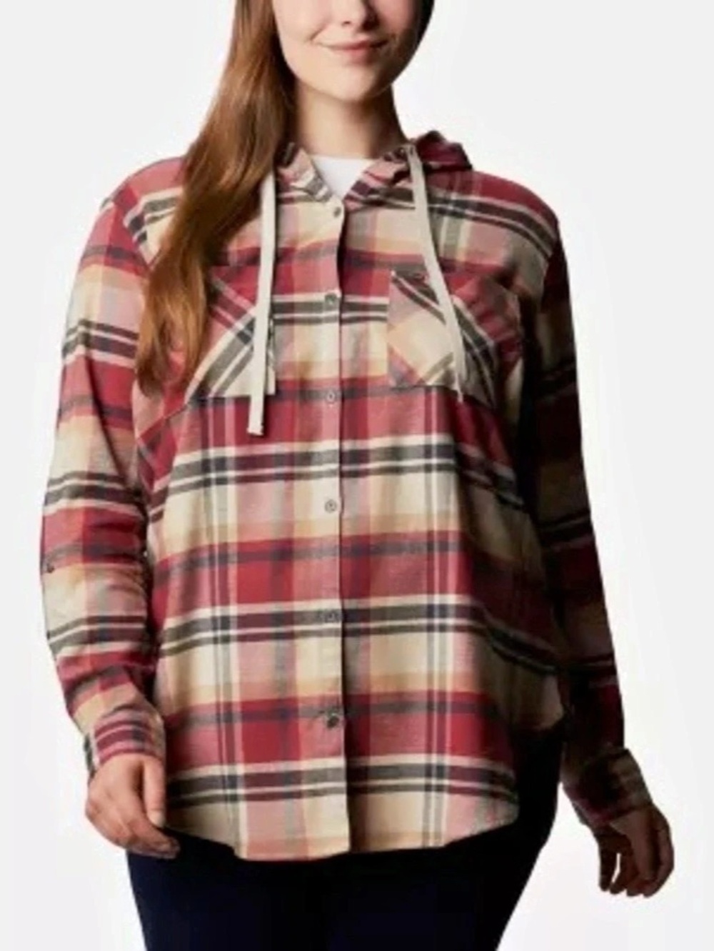 Columbia Plaid Hooded Button Down in Red & Cream